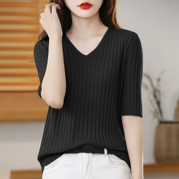 Tawop Shirts for Women Womens Tee Shirts Short Sleeve Solid Loose Summer V Neck Pullover Tank Hooded Black L