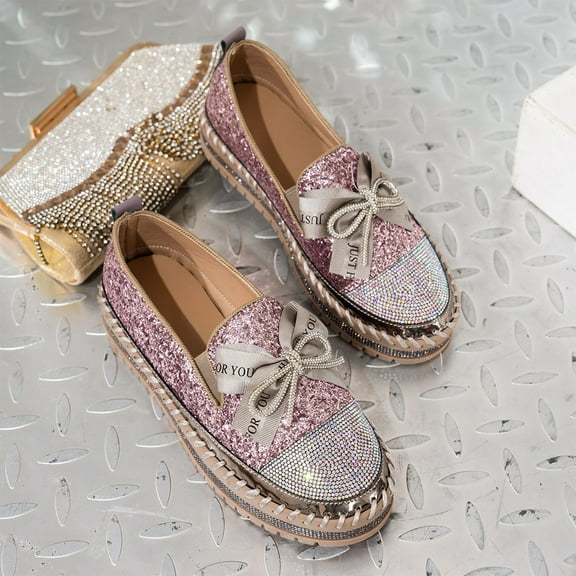 Tawop Shoes Women Slip On Casual Flat Shoes for Women Bowknot Rhinestone