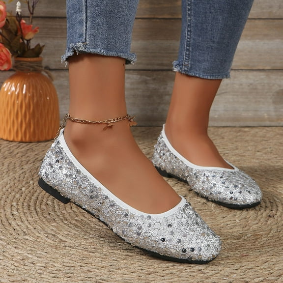 Tawop Shoes Women Womens Dress Shoes Work Shoes Flats Casual Comfort Round Toe Slip On Silver 5.5