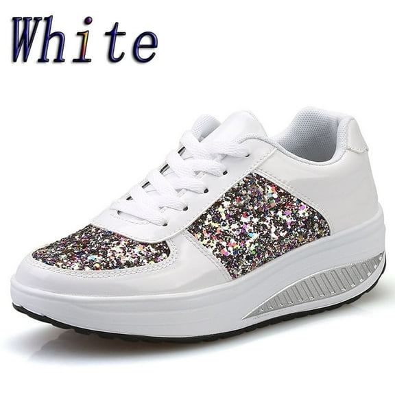 Tawop Womens Shoes Women's Ladies Wedges Sneakers Sequins Shoes Fashion Girls Sport Shoes White Size 6