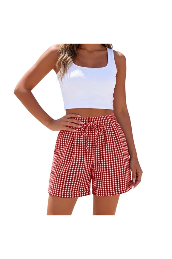 Shorts Womans Women's Checkered Double Pocket Shorts Loose Sporty Elasticated Side Pocket Drawstring Elastic Waist Shorts
