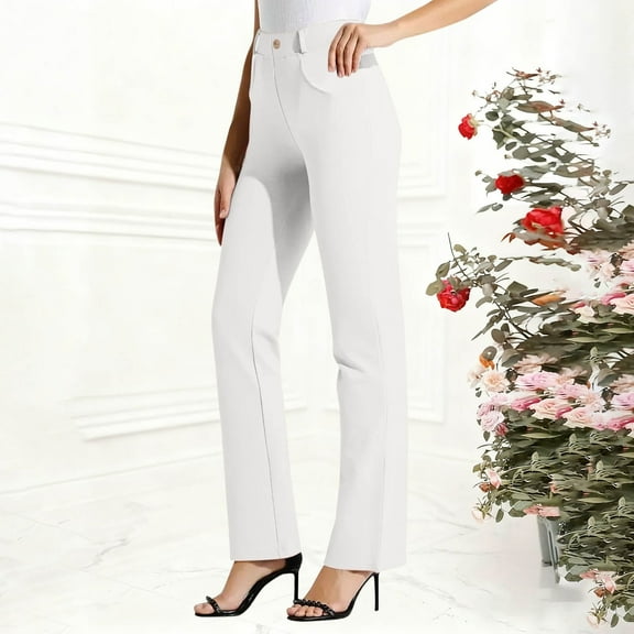 Tawop Slacks for Women Work Pants Women Button-Front with Hidden Zipper Strechy Straight Pockets Formal Business Casual Office White Dress Pants