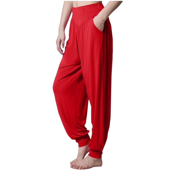 Tawop Sleep Pants Ladies Yoga Pants Harem Pants Pockets Strechy Casual Loose Sleepwear Red L(US:8)