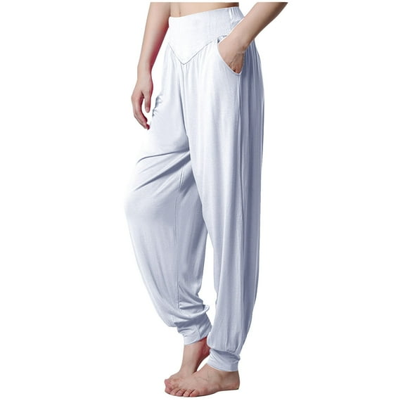 Tawop Sleep Pants Workout Leggings Harem Pants Pockets Strechy Casual Loose Sleepwear White 3XL(US:14)