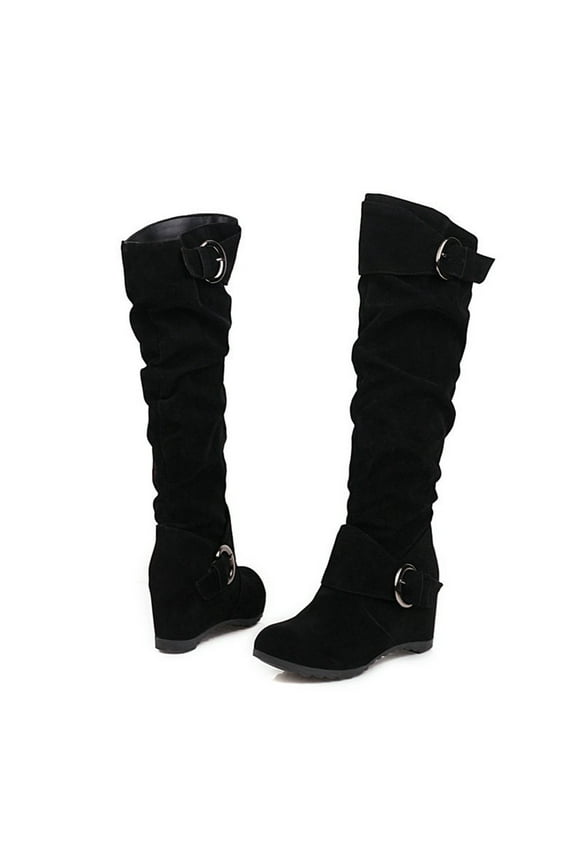 Sock Boots For Women, Wedge Height Increase Shoes High Heel Casual Solid Color Slip-On Winter Warm Belt Buckle Knee-Length Knight Boots Tan Boots For Women Black Leather Boots For Women