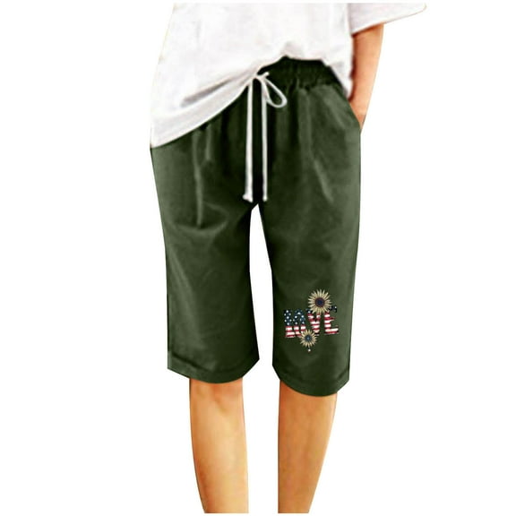 Tawop Summer Women Shorts Womans Shorts Drawstring Elastic Waist Linen Patriotic 5-Inch L