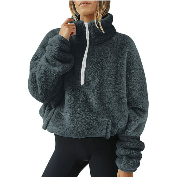 Tawop Sweatshirt Womens Top Womens Sweatshirts Long Sleeve Pullover Fleece Pockets Solid Quarter Zip Casual Dark Gray M