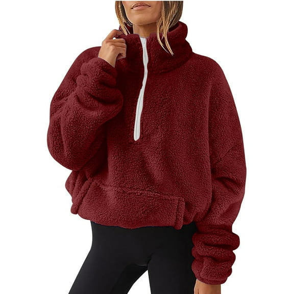 Tawop Sweatshirts Pullovers Womens Top Sweatshirts for Women Long Sleeve Fleece Pockets Solid Quarter Zip Casual Wine M