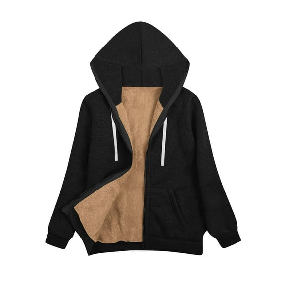 Tawop Sweatshirts Women Tops Sweatshirt Long Sleeve Warm Fleece Hoodies Pockets Solid Coats Heavyweight Black S