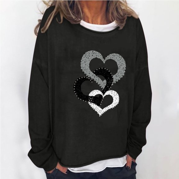 Tawop Sweatshirts for Women Tops Sweatshirt Crew Neck Long Sleeve Graphic Solid Heart Thin Black 3XL