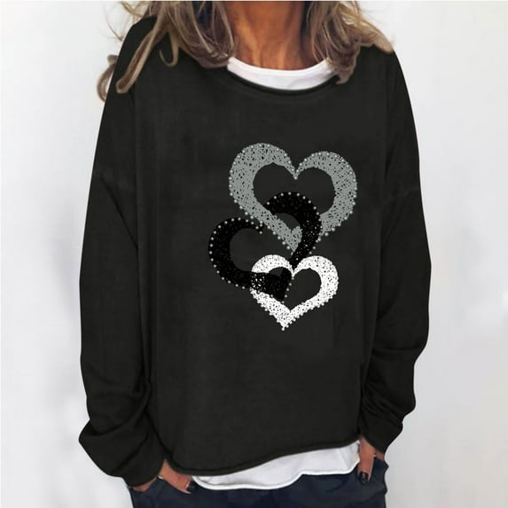 Tawop Sweatshirts for Women Tops Sweatshirt Crew Neck Long Sleeve Graphic Solid Heart Thin Black 3XL