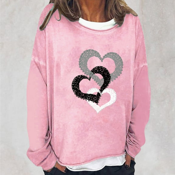 Tawop Sweatshirts for Women Tops Womens Sweatshirts Crew Neck Long Sleeve Graphic Solid Heart Thin Pink S