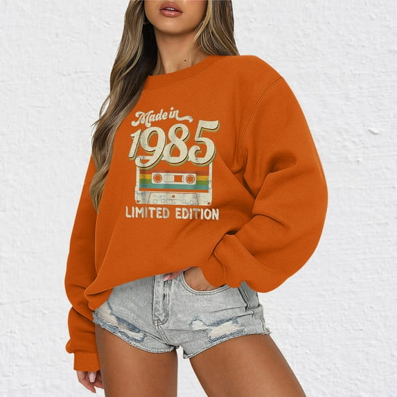 Tawop Sweatshirts for Women Womens Top Sweatshirt Crew Neck Long Sleeve Graphic Letter Hoodless Drop Shoulder Orange 2XL