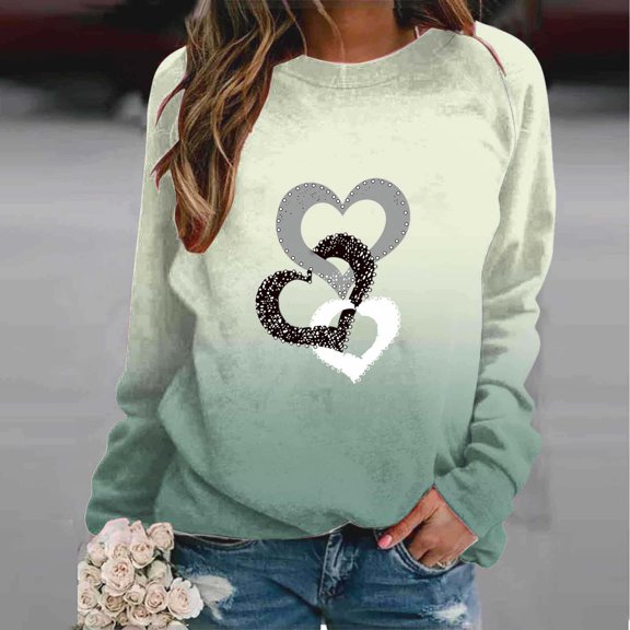 Tawop Sweatshirts for Women Womens Top Womens Sweatshirts Crew Neck Long Sleeve Graphic Heart Green 2XL