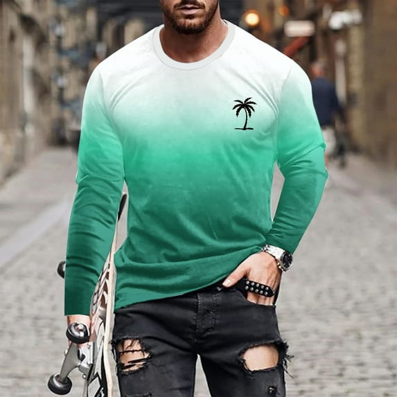 Tawop T Shirts for Man Crew Neck Long Sleeve Pullover Graphic Gradient Workout Casual Green S