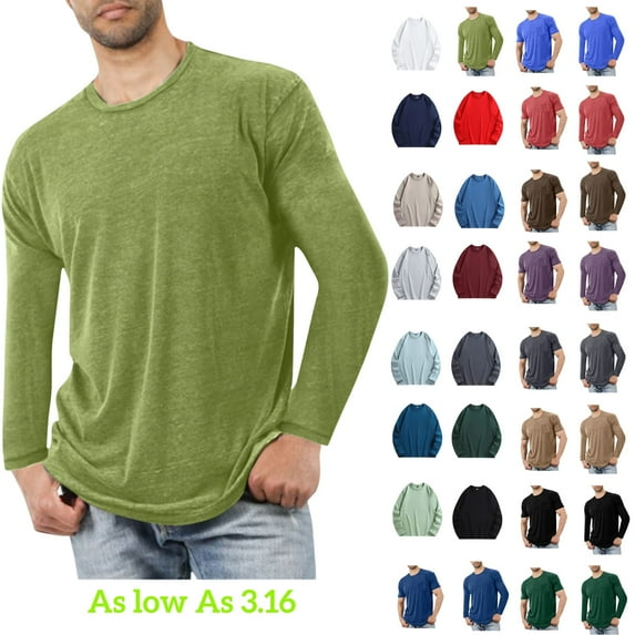Tawop T Shirts for Man Crew Neck Long Sleeve Solid Fitness Cotton Workout Green L