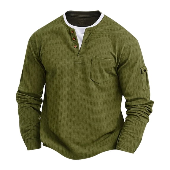 Tawop T Shirts for Man Long Sleeve Pockets V Neck Solid Buttons Casual Army Green L