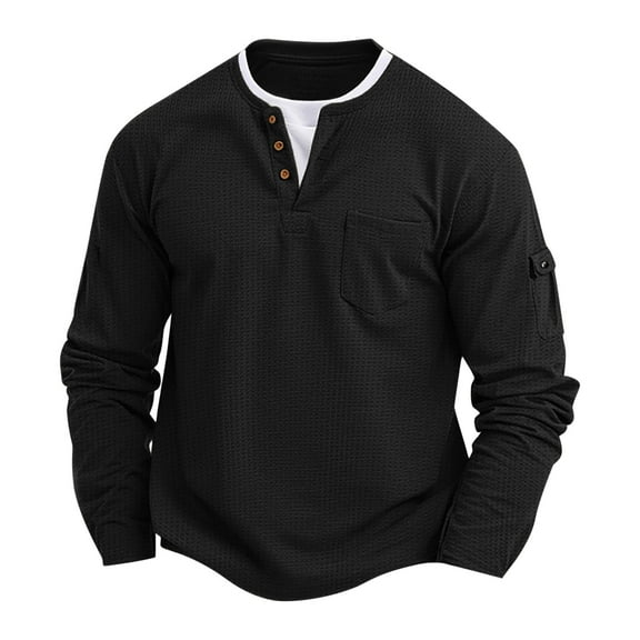 Tawop T Shirts for Man Long Sleeve Pockets V Neck Solid Buttons Casual Black S