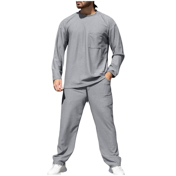 Tawop T Shirts for Men Plaid Round Neck Long Sleeve Solid Color T-Shirt