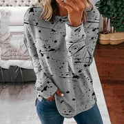 Tawop T Shirts for Women Loose Fit Long Sleeve O-Neck Print Long Sleeve Shirts for Women Gray 12