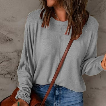 Tawop T Shirts for Women Womens T Shirts Round Neck Long Sleeve Solid Gray L(Us:8)