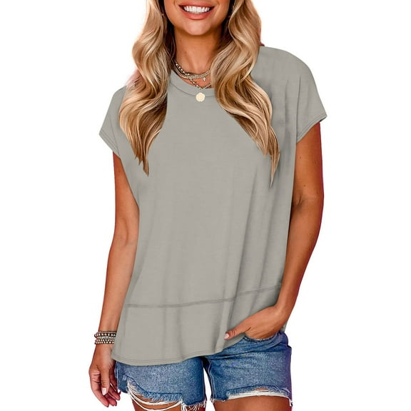 Tawop T Shirts for Women Womens T Shirts Round Neck Short Sleeve Solid Hem Split Gray Xxl