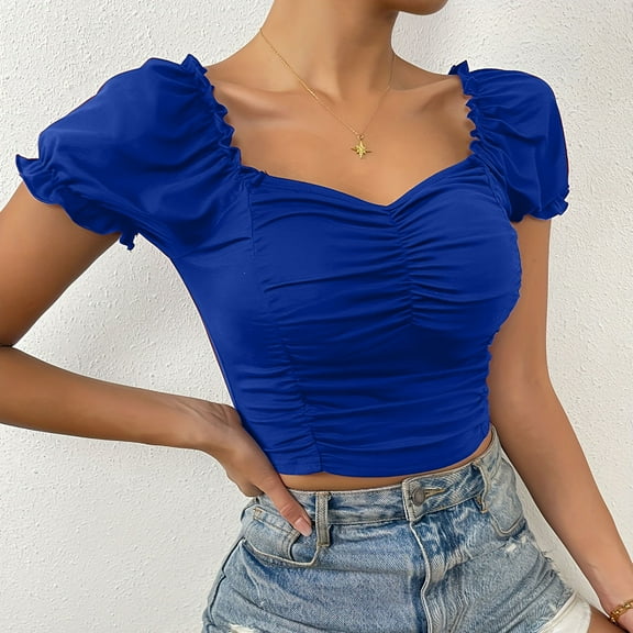 Tawop T Shirts for Women Womens T Shirts Short Sleeve Solid Lace Pleated Slim Crop Blue S