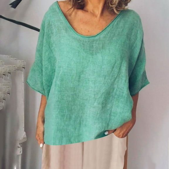 Tawop T Shirts for Women Womens T Shirts Short Sleeve Solid Loose Summer Linen Cotton Ladies Green Xxxl