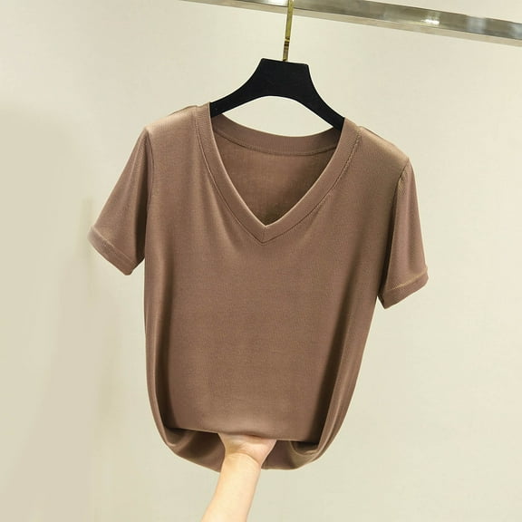 Tawop T Shirts for Women Womens T Shirts Short Sleeve Solid Loose Summer V Neck Cotton Brown L