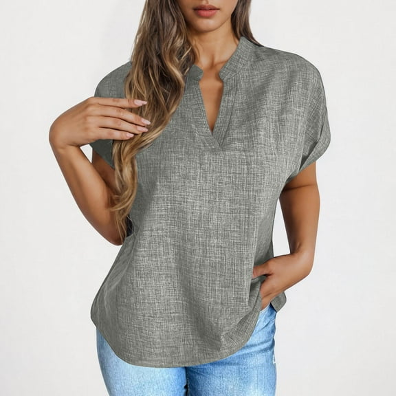 Tawop T Shirts for Women Womens T Shirts Short Sleeve Solid Loose V Neck Linen Cotton Gray Xxl