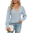 thumbnail image 1 of Tawop T Shirts for Women Womens Tee Shirts Long Sleeve Loose V Neck Lace Blue M(Us:6), 1 of 9