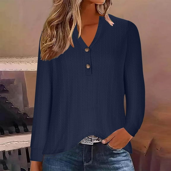 Tawop T Shirts for Women Womens Tee Shirts Long Sleeve Solid V Neck Button Blue M(Us:6)