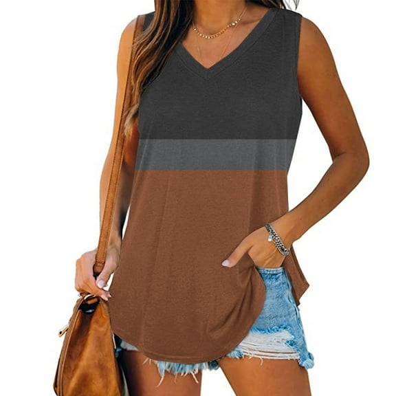 Tawop T Shirts for Women Womens Tee Shirts Loose Summer V Neck Sleeveless Tank Flowy Sling Brown L(Us:8)