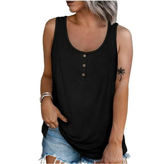Tawop T Shirts for Women Womens Tee Shirts Round Neck Short Sleeve Solid Loose Summer Sleeveless Button Tank Sling Black L(Us:8)
