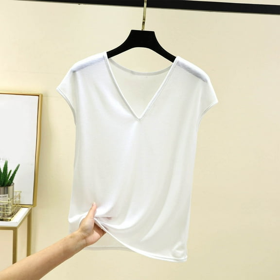 Tawop T Shirts for Women Womens Tee Shirts Solid V Neck Sleeveless Tank Thin White L