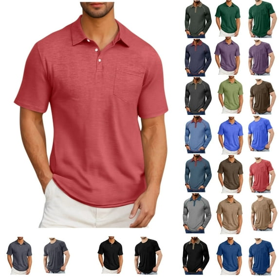 Tawop T Shirts for Men Tawop Polo Shirts for Men Solid Mens Shirt Business Casual Short Sleeves Retro Pink 2XL