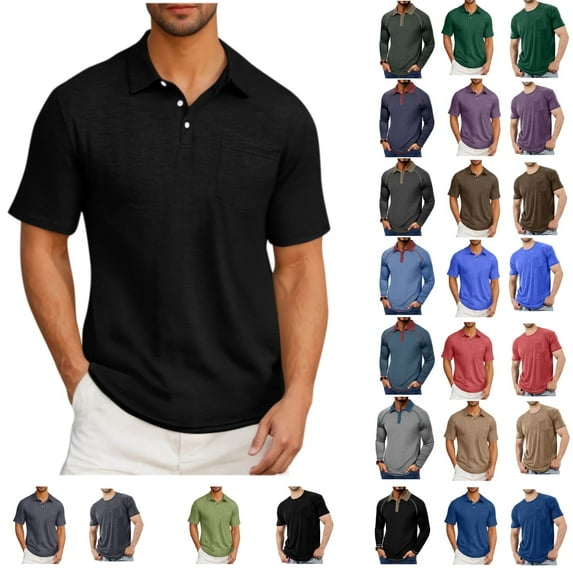 Tawop Mens T Shirts Tawop Polo Shirts for Men Retro Mens Shirt With Pockets Business Casual Solid Black 3XL