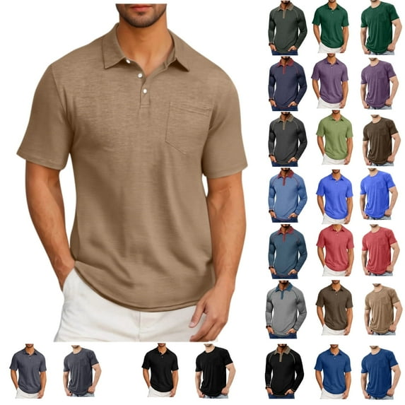 Tawop Mens Shirts Tawop Polo Shirts for Men With Pockets Mens Clothes Short Sleeves Business Casual Solid Khaki M