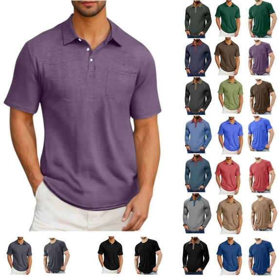 Tawop Mens Shirts Tawop Polo Shirts for Men Retro Shirts for Men With Pockets Business Casual Solid Purple 2XL