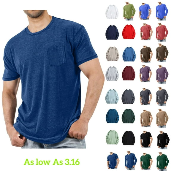 Tawop Shirts for Men Tees Short Sleeve Crew Neck Cotton Pockets Sport Business Mens Shirts Dark Blue Size M-5XL