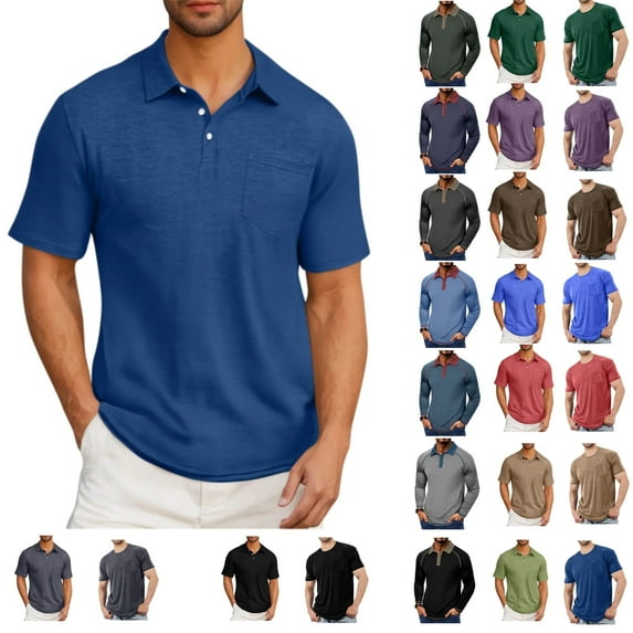 Tawop Mens Shirts Tawop Polo Shirts for Men Short Sleeves Mens Graphic Tees Solid Retro With Pockets Navy L