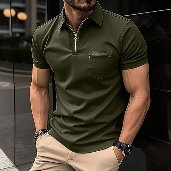 Tawop Polo Shirts for Men Shirts for Men Tawop Tees Short Sleeve Pockets Relaxed Zip Solid Color Tee Shirts Mens Army Green Size M-5XL