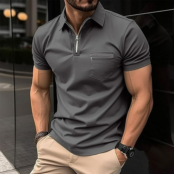 Tawop Polo Shirts for Men Shirts for Men Tawop Tees Short Sleeve Pockets Relaxed Zip Solid Color Tshirts Shirts for Men Dark Gray Size M-5XL
