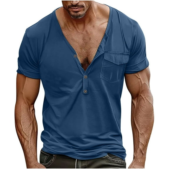 Tawop Shirts for Men Tees V Neck Short Sleeve Solid Color Summer Men's Muscle Shirts Blue Size M-5XL