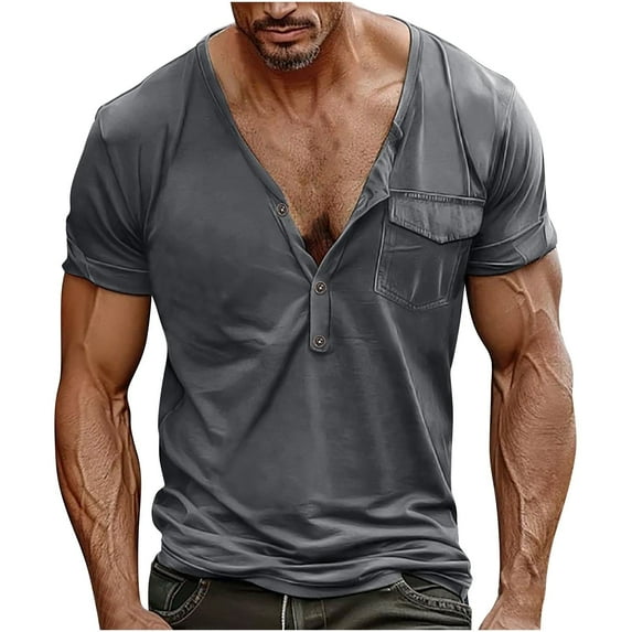 Tawop Shirts for Men Mens V Neck Tees Short Sleeve Solid Color Summer Men's Shirts Dark Gray Size M-5XL