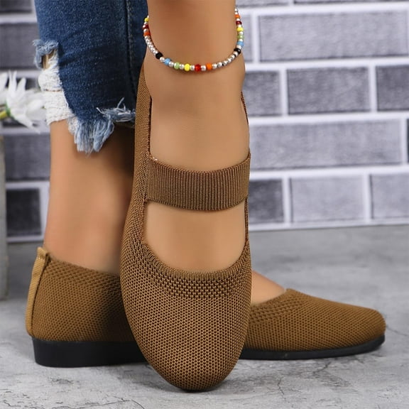 Tawop Tennis Shoes Womens Slip On Walking Work Casual Flat Round Toe Retro Knit Brown Size 7