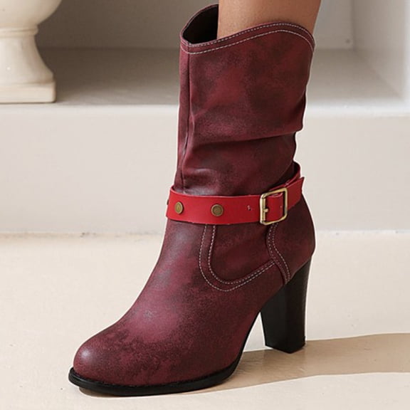 Tawop Thursday Boots Women, Shoes Fashion Belt Buckle Solid Color Anti-Skid Square High Heels Casual Warm Wear-Resistant Slip-On Fleece Cowboy Boots Knee High Boots Girls Snow Boots