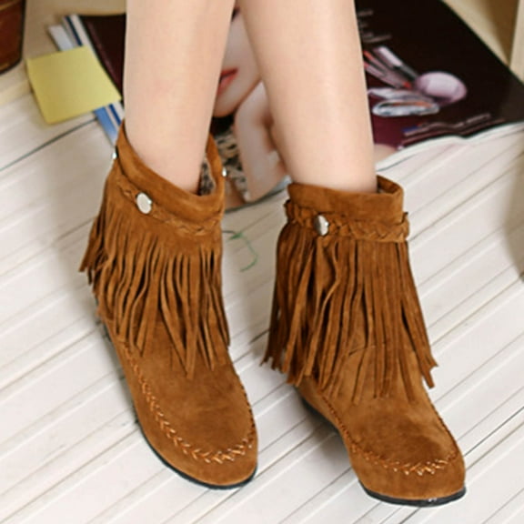 Tawop Toddler Black Boots, Retro Shoes Casual Fashion Solid Color Fringed Frosted Suede Flat Inner Height Ankle Boots Women'S Knee-High Boots Rhinestone Boots