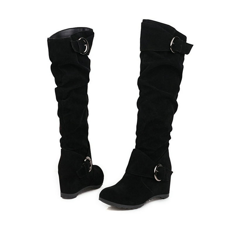 Tawop Toddler Boots For Girls Wedge Height Increase Shoes High Heel Casual Solid Color Slip On Winter Warm Belt Buckle Knee Length Knight Boots
