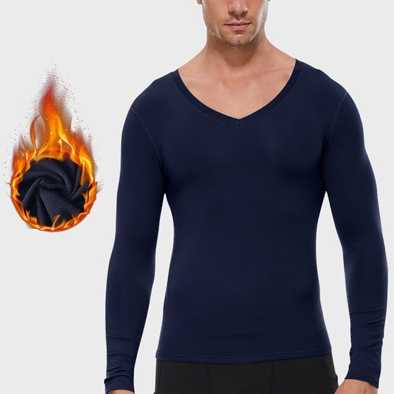 Tawop Tshirts Shirts for Men Long Sleeve Warm V Neck Solid Fitness Thin Thick Workout Navy 2XL